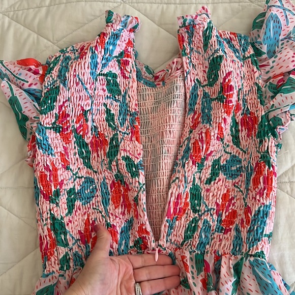 J. MARIE Floral Print Smocked Ruffle Tiered Mini Dress in Multicolor small - Picture 7 of 16